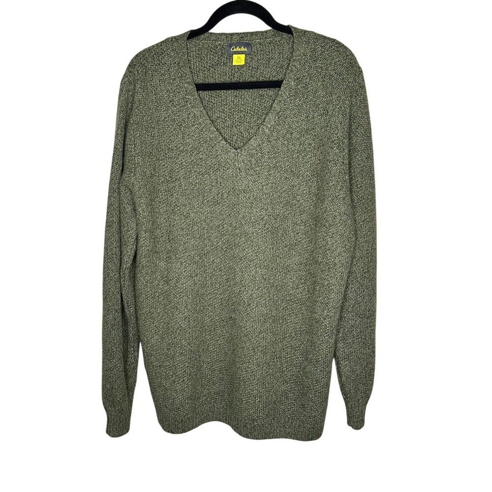 Cabelas Merino Wool V-Neck Sweater Men 2XL Marbled Green Heavy Knit Pullover EUC